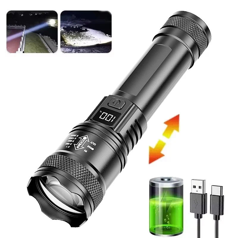 100000LM Super Bright Led Flashlights Rechargeable LED Torch Long Range Tactical Lamp for Outdoor Waterproof Camping Lantern