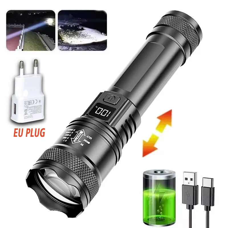 100000LM Super Bright Led Flashlights Rechargeable LED Torch Long Range Tactical Lamp for Outdoor Waterproof Camping Lantern