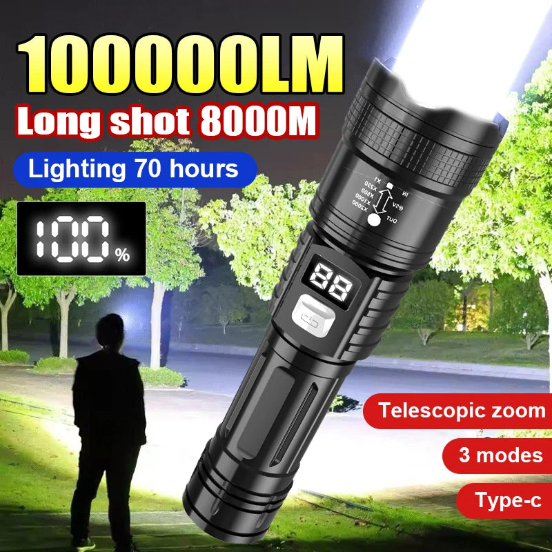100000LM Super Bright Led Flashlights Rechargeable LED Torch Long Range Tactical Lamp for Outdoor Waterproof Camping Lantern